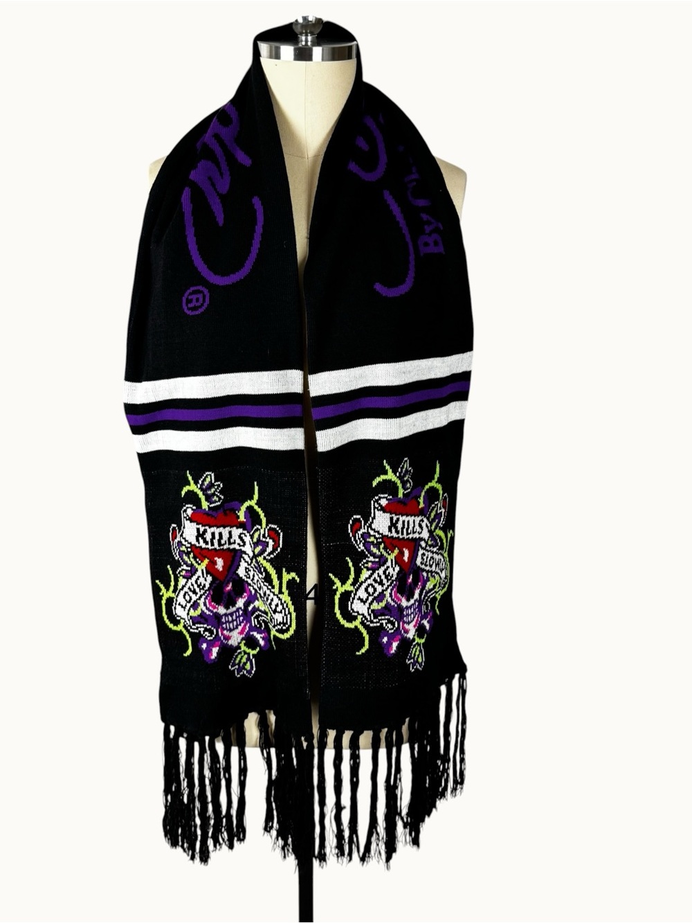 Ed Hardy Christian Audigier Love Kills Slowly Y2K Skull Fringe Scarf